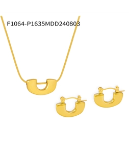 Detail of bohemian gold-plated stainless steel U-shaped pendant necklace and earrings set