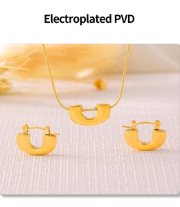 Detail of PVD electroplated gold U-shape necklace and earrings set on textured background