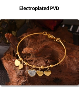 Detailed view of 18k gold plated heart charm bracelet with PVD coating and crystals