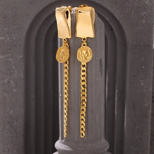 Vintage 18K Gold Plated Copper Portrait Coin Tassel Drop Earrings Geometric Hammered Curb Chain Jewelry For Women