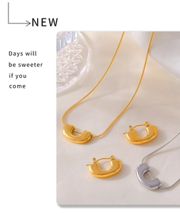 Macro shot of U-shaped gold and silver stainless steel necklace and earring jewelry set
