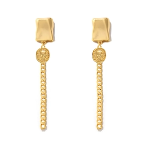 Retro geometric portrait coin earrings with long flat tank chain tassels in 18k gold plating