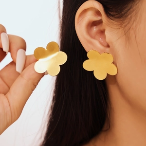 Polished 18k gold plated stainless steel large five-petal flower stud earrings for women