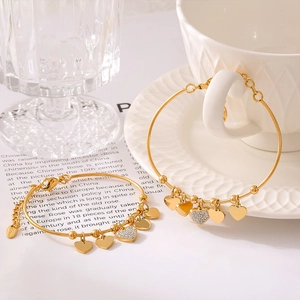 Heart Charm Bracelet Bangle Gold Plated Titanium Steel Rhinestone Inlaid Elegant Fashion Jewelry For Women