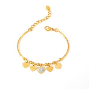 Elegant 18k gold plated stainless steel bead bracelet with sparkling heart charm pendants