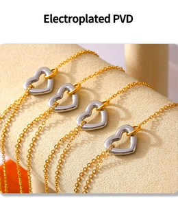 Detail view of PVD electroplated hollow heart pendants on delicate gold chains