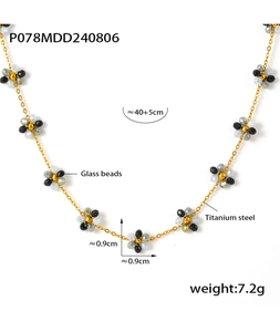 Detailed view of floral glass beaded titanium necklace with size and material labels