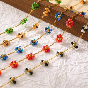 Handmade Flower Glass Bead Necklace Bracelet And Anklet Bohemian Titanium Steel Gold Chain For Women
