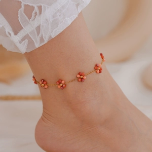 Bohemian beaded flower anklet with gold chain and colorful handmade petals for women