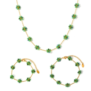 18k gold plated stainless steel jewelry set featuring green crystal flower beads