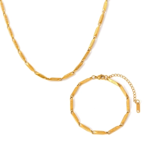 Goldenes geometrisches Rautenketten-Set mit Halskette und Armband und Mäander-Gravur