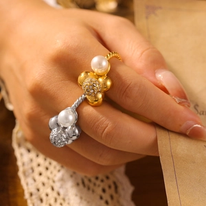 Anillo Vintage de Acero de Titanio Bañado en Oro 18K Perla Artificial de Imitación Diamante Checo para Mujer Cuerda Trenzada Joyas