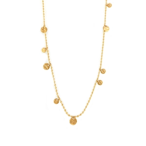 18k vergoldete Perlenkette mit strukturierten gehämmerte Münzanhängern im Boho-Stil