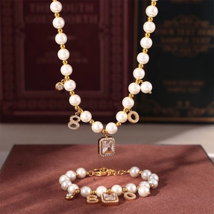 Women Necklace And Bracelet Stainless Steel 18K Gold Plated Shell Artificial Pearl Cubic Zirconia Geometric Digital Retro Jewelry