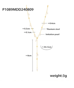 Detailed size chart of the gold Y-shaped titanium steel necklace with imitation pearls