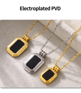 Detail of PVD electroplated stainless steel necklaces with black rectangular pendants