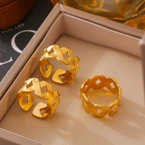 French Style Woven Texture Open Ring Titanium Steel 18K Gold Plated Hollow Geometric Adjustable Simple Jewelry For Women