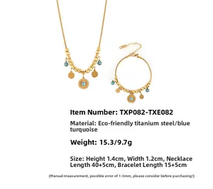 Parure collier et bracelet en acier inoxydable doré 18 carats avec pendentifs turquoise