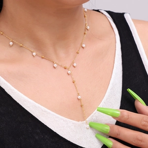 Elegant 18k gold plated Y-shaped necklace with tassel imitation pearls for women