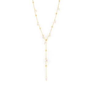 Elegant 18k gold plated Y-necklace with imitation pearls and tassel drop on white background
