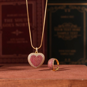 Collier Coeur Et Bague Ouverte Pour Femmes Acier Titane Cuivre Zircon Plaqué Or 18K Bijoux Chic Minimaliste