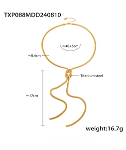 Detail view of 18k gold plated titanium steel knot necklace with size measurements
