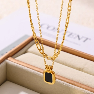 Double Layer Necklace Titanium Steel Black Acrylic Rectangular Pendant Figaro Chain Stackable Fashion Jewelry For Women