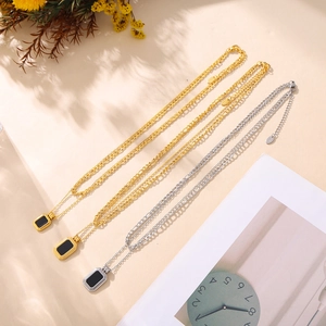 Double layered gold and silver titanium necklaces with geometric black square pendants
