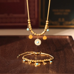 Ensemble Bijoux Bohème Acier Inoxydable Plaqué Or 18K Turquoise Disque Solaire Collier Et Bracelet Style Ethnique Femme