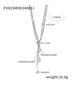Detail showing multi-layer stainless steel necklace dimensions and pearl pendant size