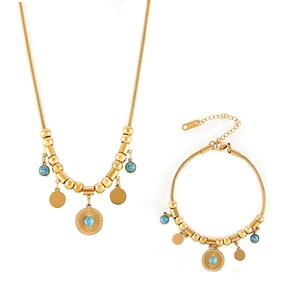 Parure en acier inoxydable doré avec perles turquoise et breloques gravées de rayons