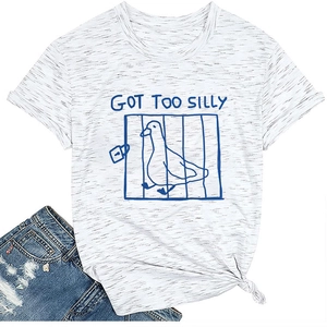 Detail of casual white T-shirt with 'Got Too Silly' print and knotted hem design