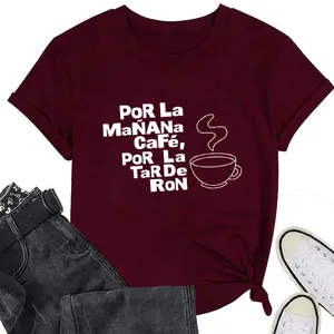 T-Shirt Femme Mélange Coton Col Rond Manches Courtes Slogan Espagnol Imprimé Café Décontracté Coupe Ample Haut Été