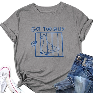 Flat lay of gray cotton t-shirt with 'GOT TOO SILLY' duck print and blue denim jeans