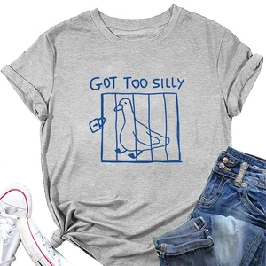 Detail view of grey cotton T-shirt featuring silly duck print and casual outfit styling