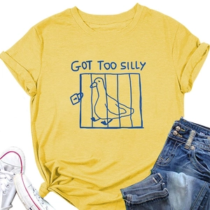 Detailed view of the yellow cotton T-shirt featuring a funny duck graphic and GOT TOO SILLY print