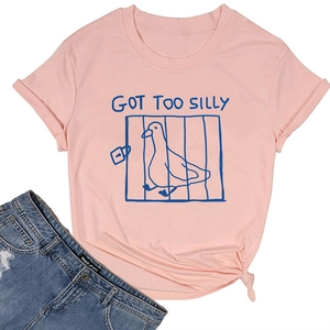 Detail of pink cotton T-shirt featuring 'GOT TOO SILLY' duck print and hem knot detail