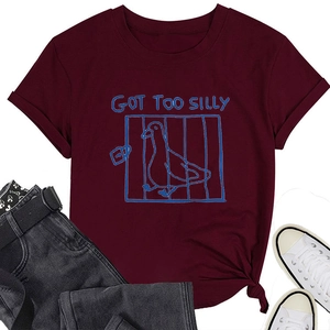 Detail of burgundy GOT TOO SILLY crew neck t-shirt with a cartoon duck cage print