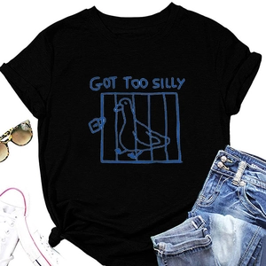 Flat lay of black round neck T-shirt featuring Got Too Silly blue duck graphic
