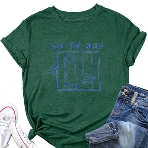 Close-up of Forest Green Got Too Silly T-shirt with humorous goose graphic and crew neck