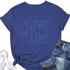 Flat lay of blue crew neck T-shirt featuring Got Too Silly duck print and casual styling