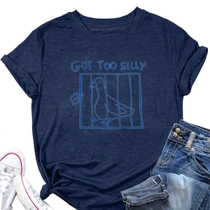 Flat lay of navy cotton T-shirt featuring a fun blue goose graphic and GOT TOO SILLY text