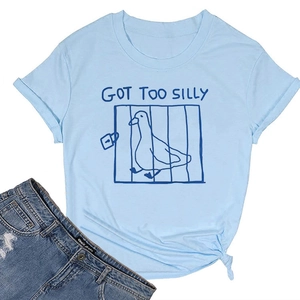 Detail of light blue cotton T-shirt featuring 'Got Too Silly' duck print and knot hem