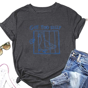 Detail of grey crewneck t-shirt featuring blue Got Too Silly graphic with a bird