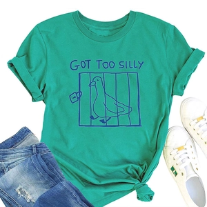 Detail of green round-neck cotton t-shirt featuring Got Too Silly duck graphic and side knot