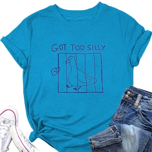 Detail of blue cotton T-shirt featuring 'GOT TOO SILLY' duck graphic and casual styling