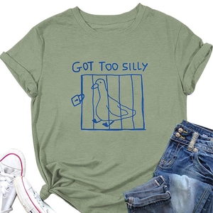 Detail of sage green cotton T-shirt featuring GOT TOO SILLY duck print and round neck design