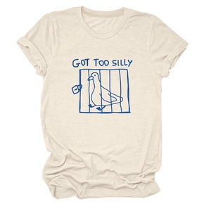 Close-up of duck illustration and GOT TOO SILLY print on cream crew neck cotton t-shirt