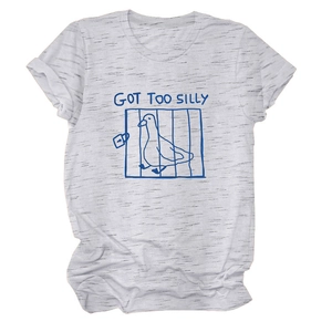 Close-up of Heather Grey T-shirt featuring a funny blue duck and GOT TOO SILLY graphic