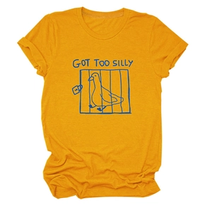 Close-up of duck graphic and GOT TOO SILLY slogan on mustard yellow cotton t-shirt